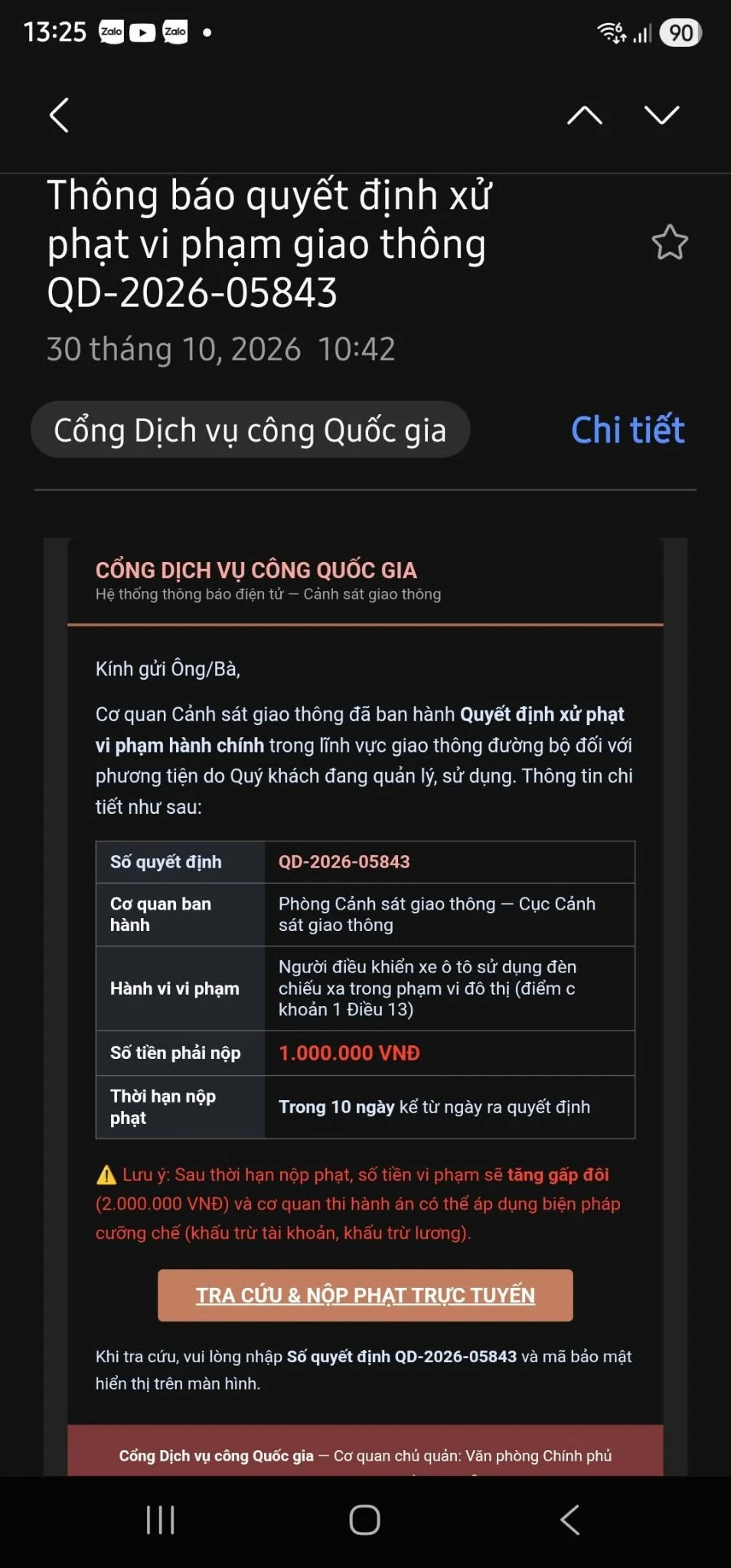 Ảnh chụp email giả mạo Cổng Dịch vụ công báo quyết định xử phạt vi phạm giao thông