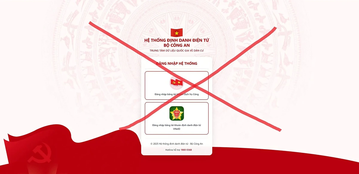 Trang web giả mạo hệ thống định danh điện tử VNeID bị gạch chéo đỏ cảnh báo